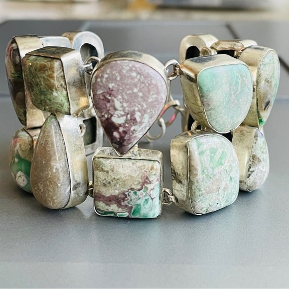 Jewelry - MASSIVE VARISCITE AGATE STERLING SILVER HUGE DOUBLE ROW TOGGLE CLASP BRA…